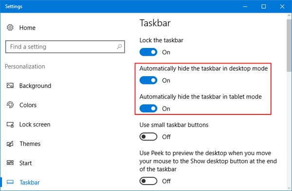 tại mục Automatically hide the taskbar in the desktop mode bạn chọn kích hoạt việc ẩn thanh Taskbar