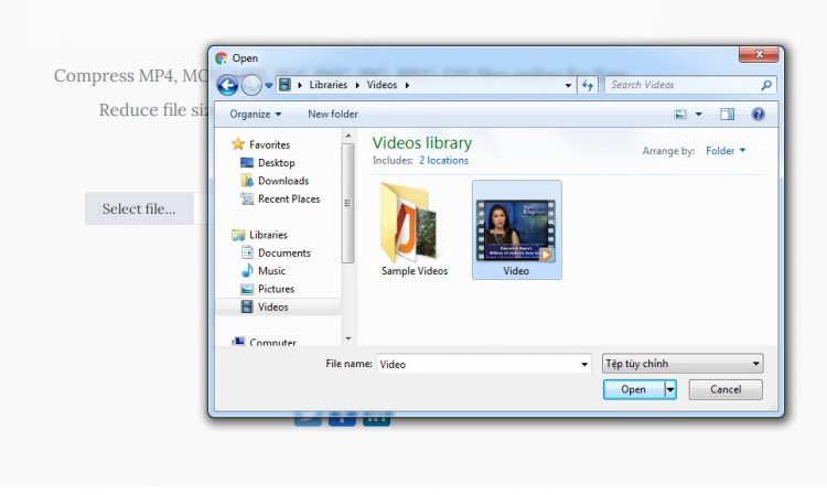 Nhấn Select file để tải video bạn cần giảm dung lượng lên