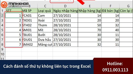 Cach danh so thu tu khong lien tuc trong Excel 1