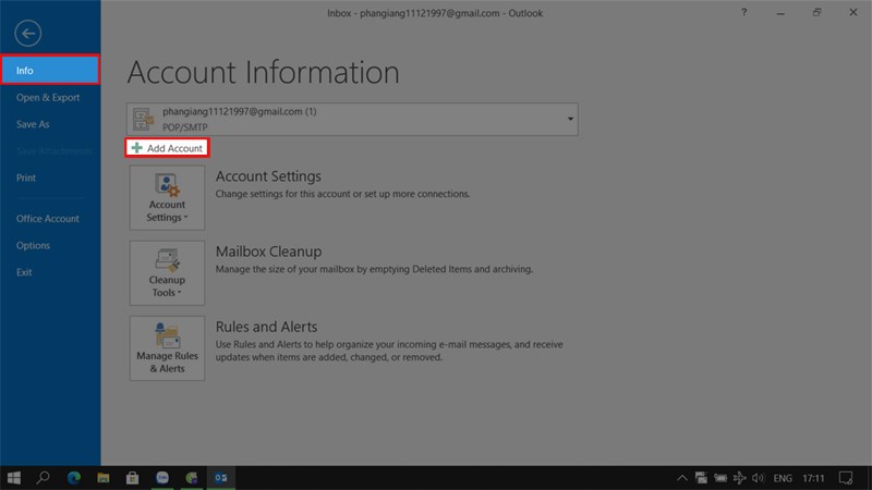 Chọn Info sau đó chọn + Add Account 