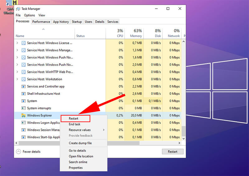 Sửa reinstall explorer exe bằng cách khởi động lại File Explorer