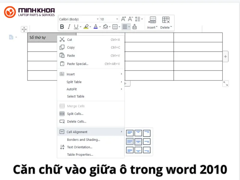 Căn chữ vào giữa ô trong word 2010