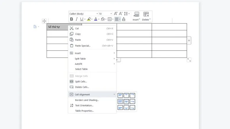 Can chu vao giua o trong word 2010 5