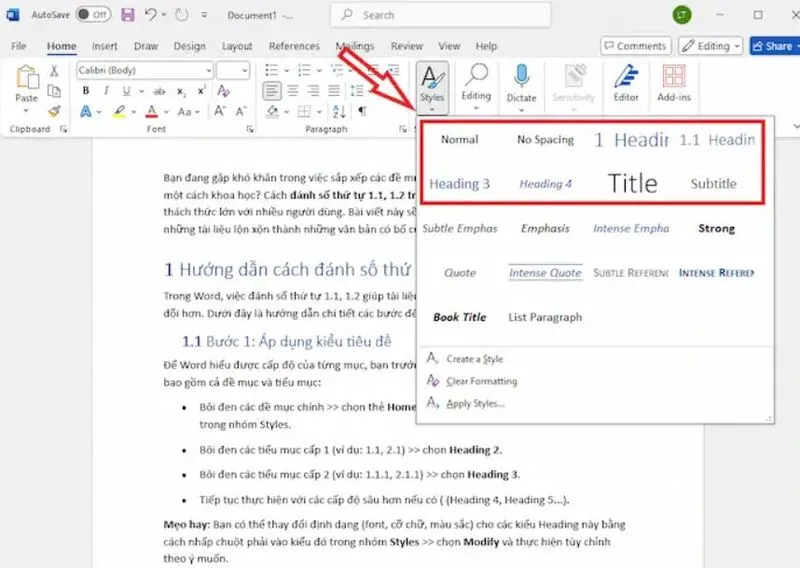 Danh so thu tu 1.1 1.2 trong Word 23