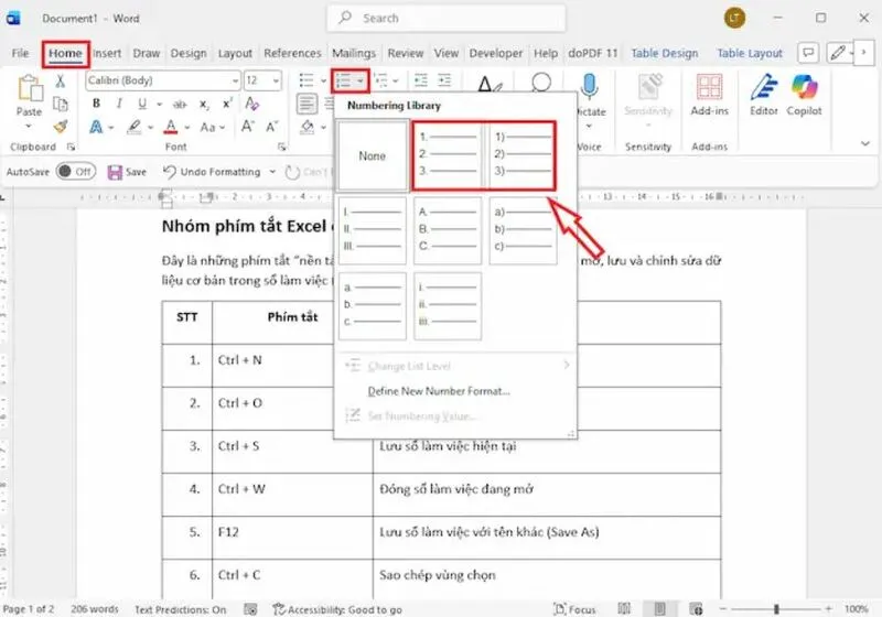 Danh so thu tu 1.1 1.2 trong Word 24