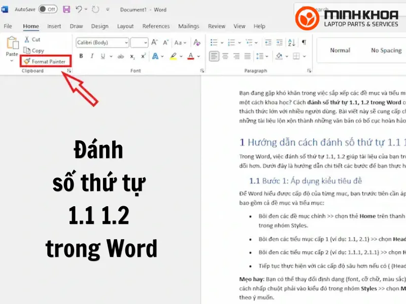 Đánh số thứ tự 1.1 1.2 trong Word