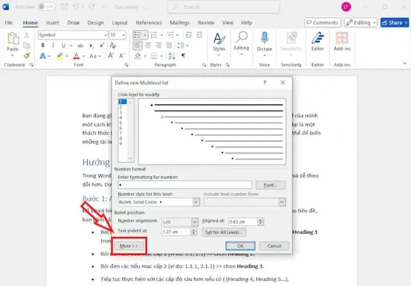 Danh so thu tu 1.1 1.2 trong Word 29
