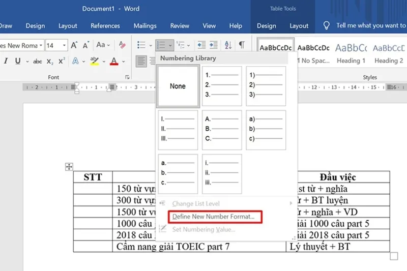 Danh so thu tu 1.1 1.2 trong Word 8