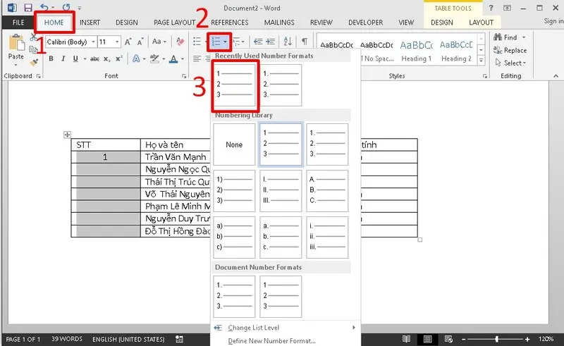 Danh so thu tu 1.1 1.2 trong Word 9